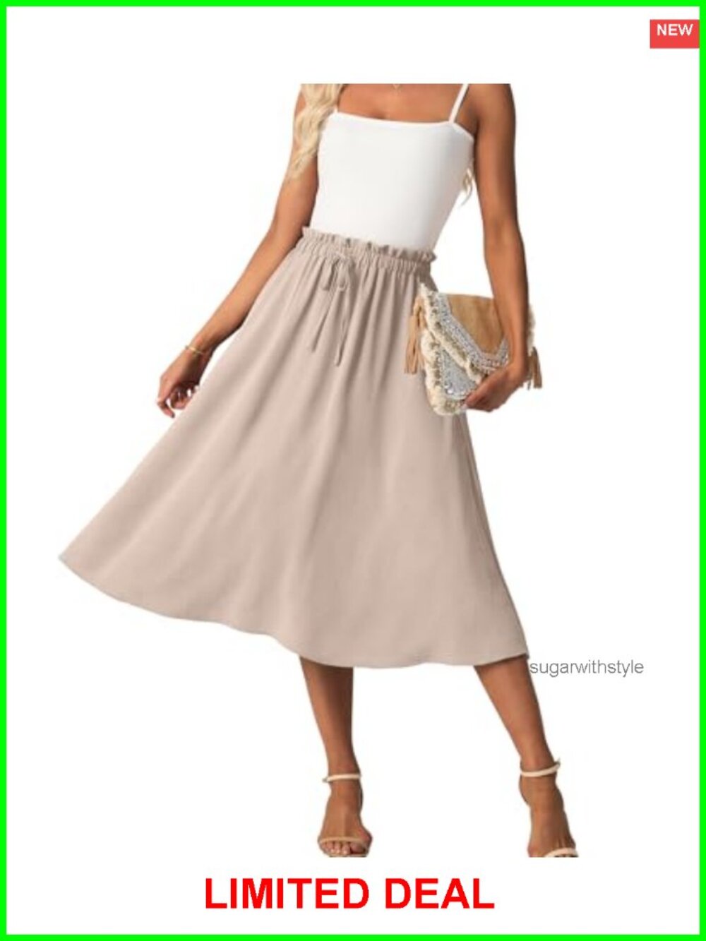High Waist Midi Skirt Womens A-Line Flowy Below Knee with Pockets